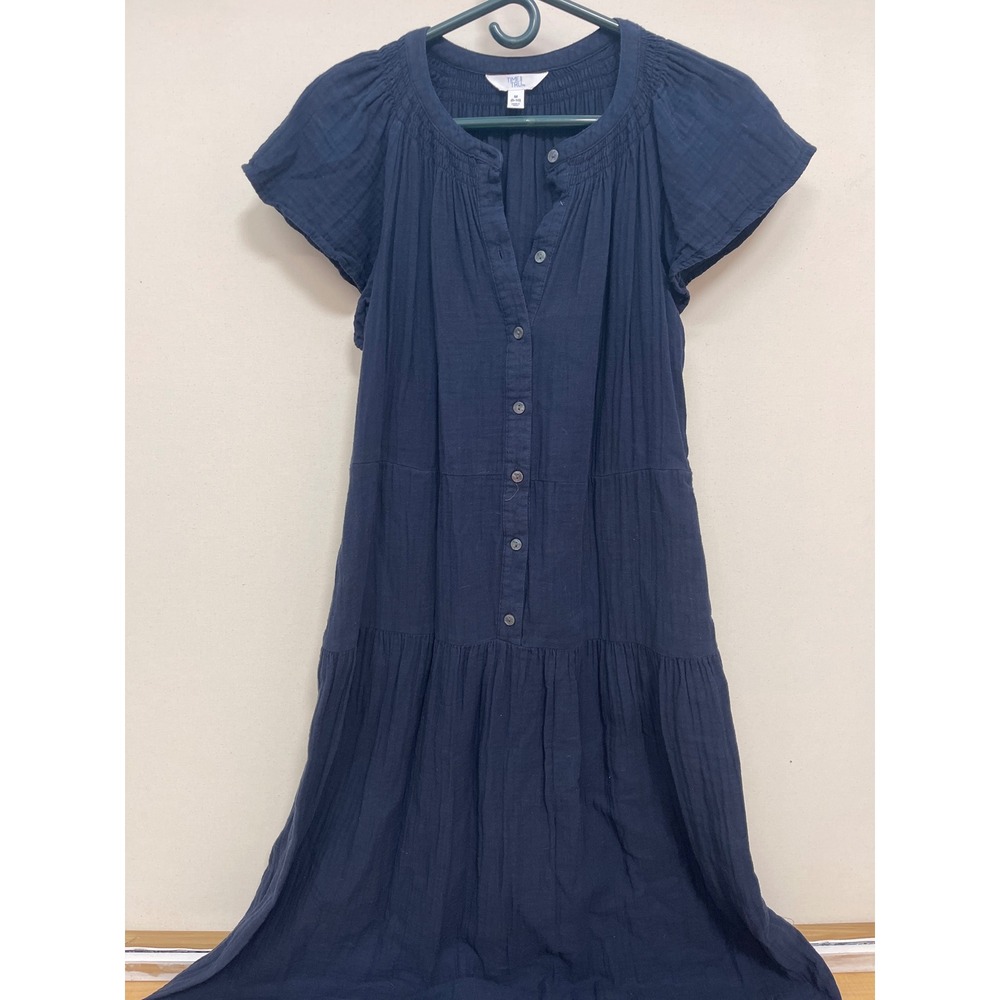Time and Tru Navy Blue Gauze Tiered Midi Dress Short Sleeve Pockets M 8-10